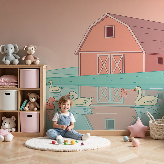 Behang voor de babykamer | Kleurrijke eenden op een rustig meer met een schuur