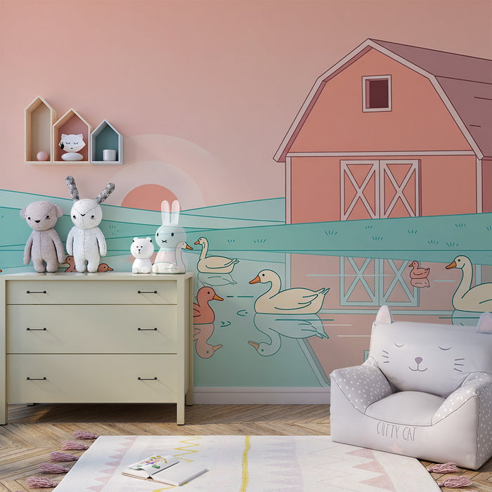 Behang voor de babykamer | Kleurrijke eenden op een rustig meer met een schuur