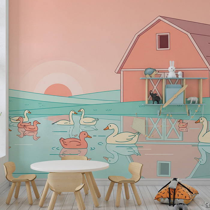 Behang voor de babykamer | Kleurrijke eenden op een rustig meer met een schuur
