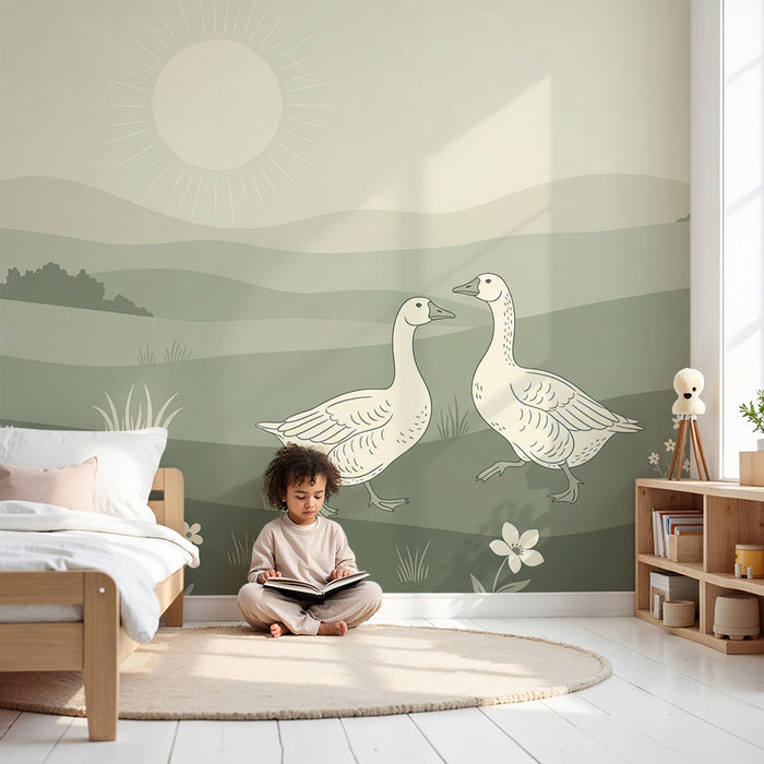 Papier peint chambre bébé | Canards dans un paysage pastoral apaisant