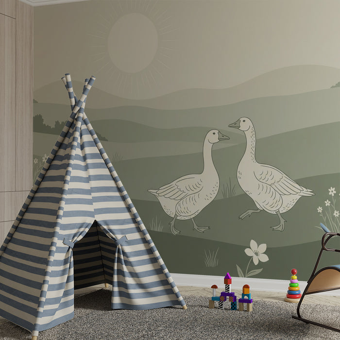 Papier peint chambre bébé | Canards dans un paysage pastoral apaisant