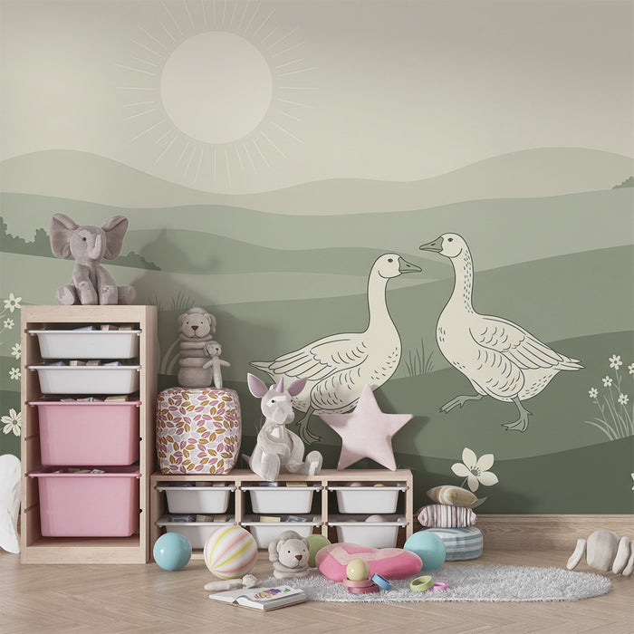 Papier peint chambre bébé | Canards dans un paysage pastoral apaisant