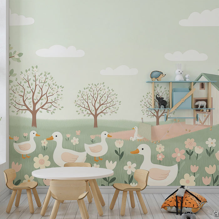 **Oversettelse til norsk (bokmål):**

Barneromstapet | Ender og blomster i et idyllisk landskap

**Slug (SEO-optimalisert):**
barneromstapet-ender-og-blomster-idyllisk-landskap