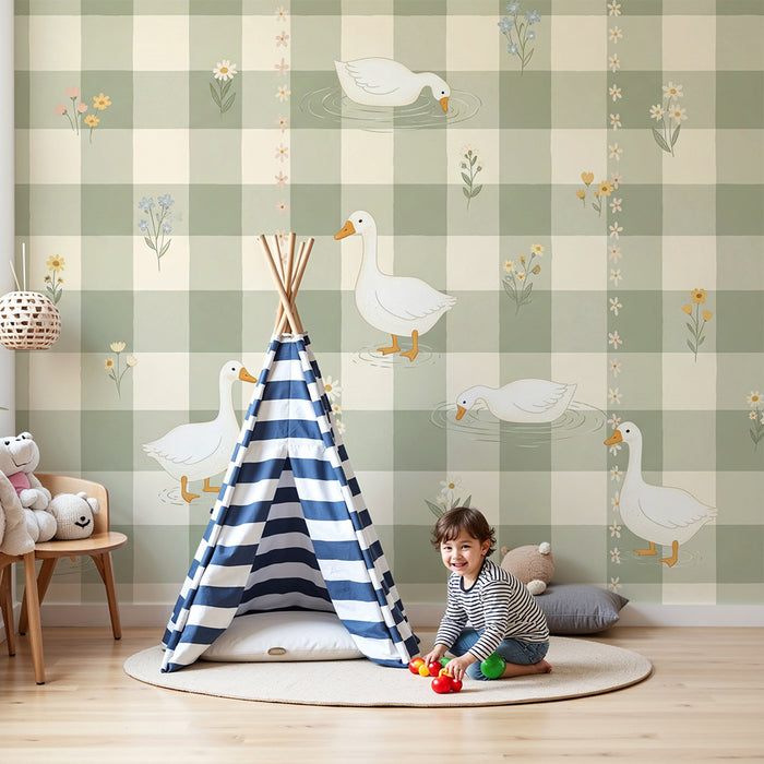 Papier peint chambre bébé | Canards et fleurs sur fond vichy doux