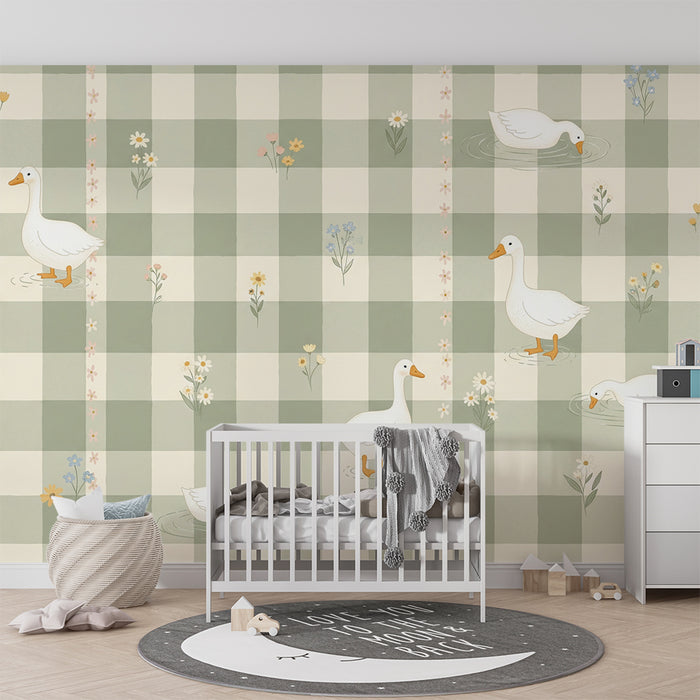 Papier peint chambre bébé | Canards et fleurs sur fond vichy doux