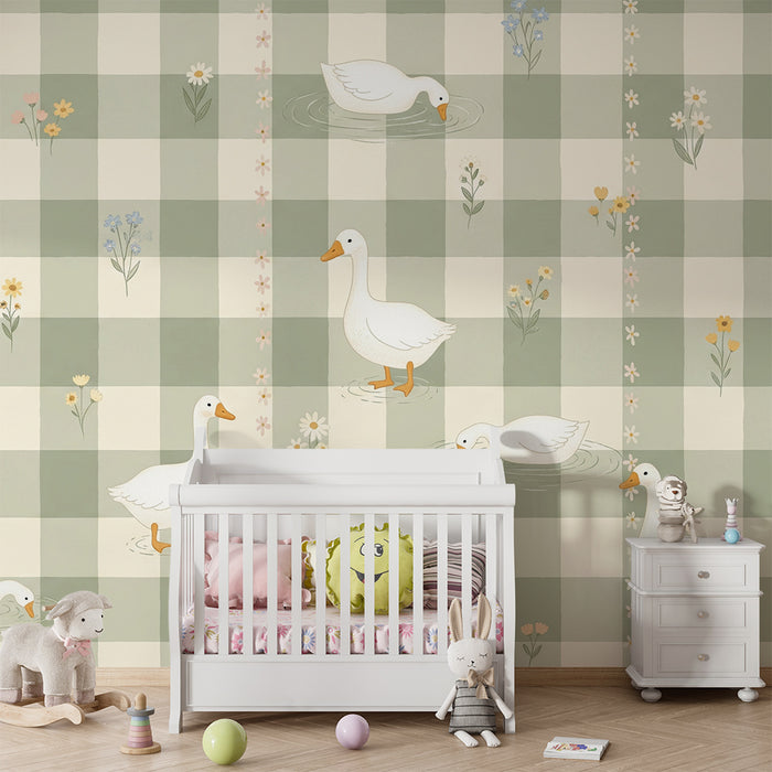 Papier peint chambre bébé | Canards et fleurs sur fond vichy doux