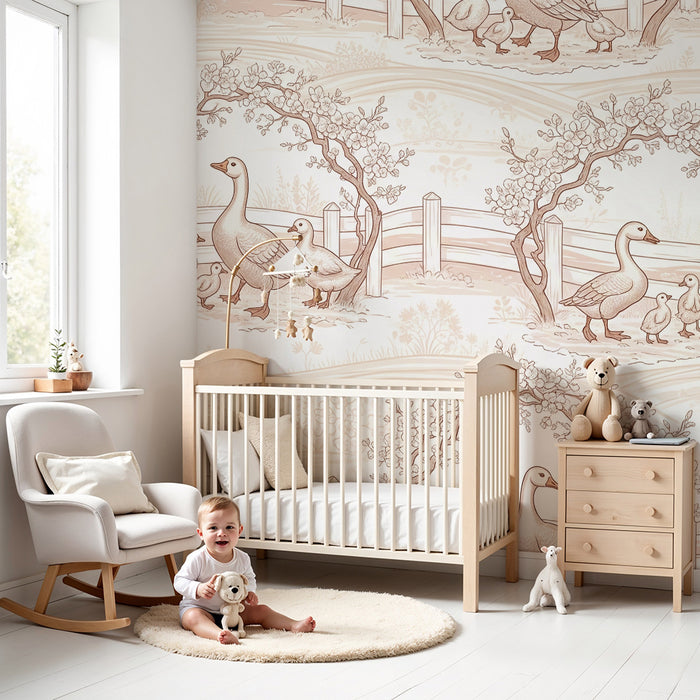 Papier peint chambre bébé | Canards et paysage pastoral en tons doux