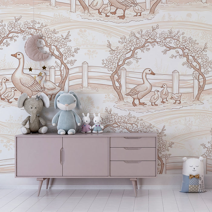 Papier peint chambre bébé | Canards et paysage pastoral en tons doux