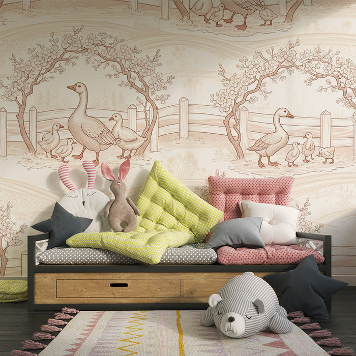 Papier peint chambre bébé | Canards et paysage pastoral en tons doux