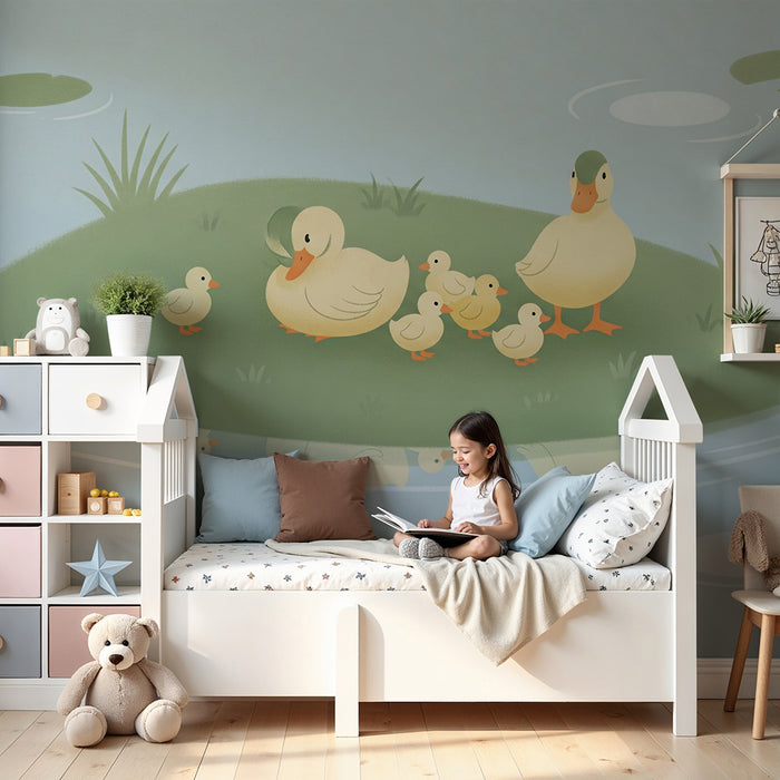 Papel de parede quarto bebê | Patinhos fofos em um lago tranquilo