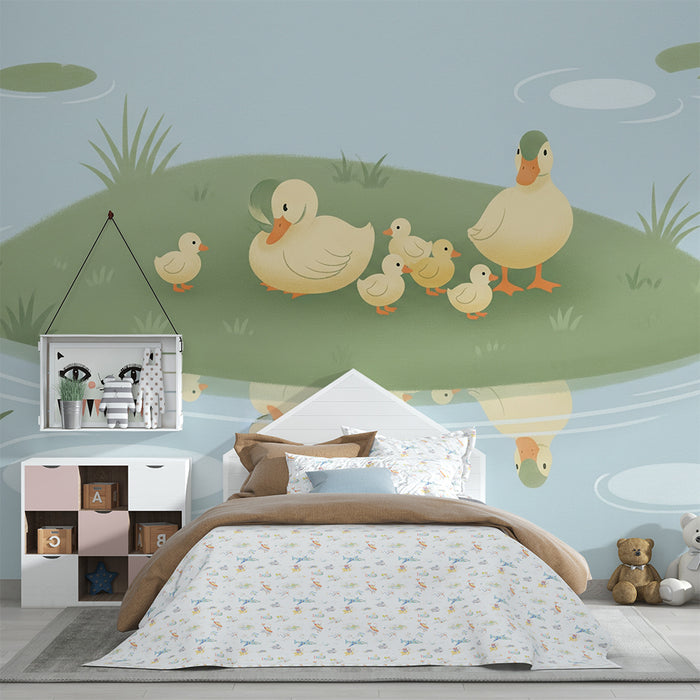 Papel de parede quarto bebê | Patinhos fofos em um lago tranquilo