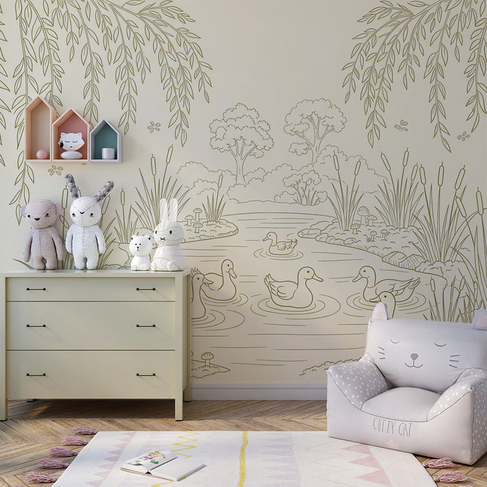 Papier peint chambre bébé | Canards paisibles au bord de l'eau avec feuillage délicat