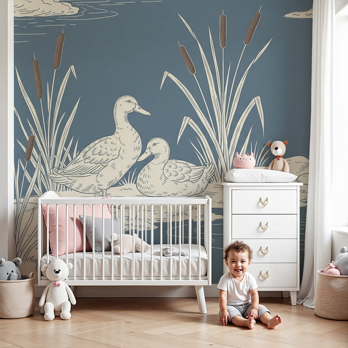 Behang babykamer | Rustige eenden aan het water met een serene lucht