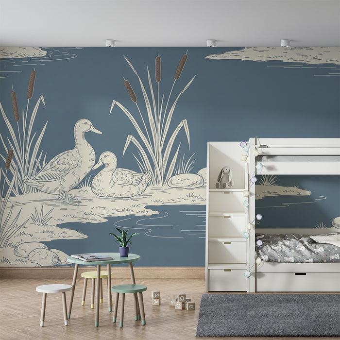 Behang babykamer | Rustige eenden aan het water met een serene lucht