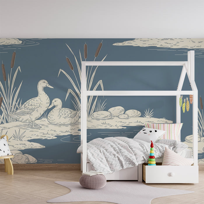 Behang babykamer | Rustige eenden aan het water met een serene lucht