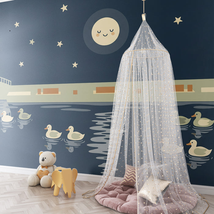 Papier peint chambre bébé | Canards paisibles sous un ciel étoilé