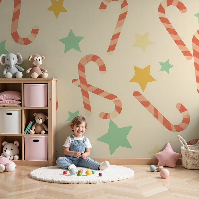 Papel de parede para quarto de bebé | Cana-de-açúcar e estrelas coloridas sobre fundo suave