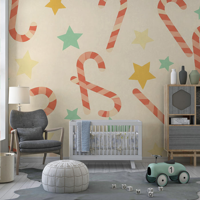 Papel de parede para quarto de bebé | Cana-de-açúcar e estrelas coloridas sobre fundo suave