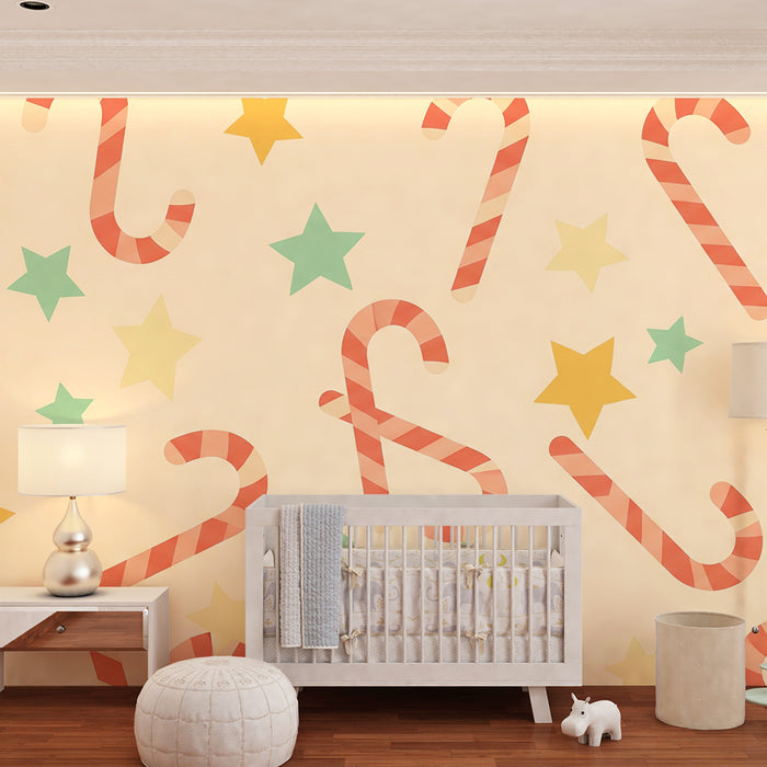Papel de parede para quarto de bebé | Cana-de-açúcar e estrelas coloridas sobre fundo suave