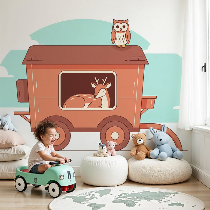 Papel pintado infantil | Caravana mágica con un ciervo y un búho