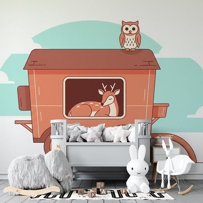Papel pintado infantil | Caravana mágica con un ciervo y un búho