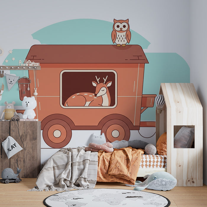 Papel pintado infantil | Caravana mágica con un ciervo y un búho