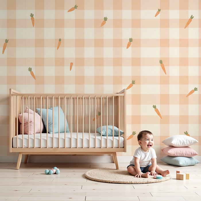 Papier peint chambre bébé | Carottes sur fond vichy doux et pastel