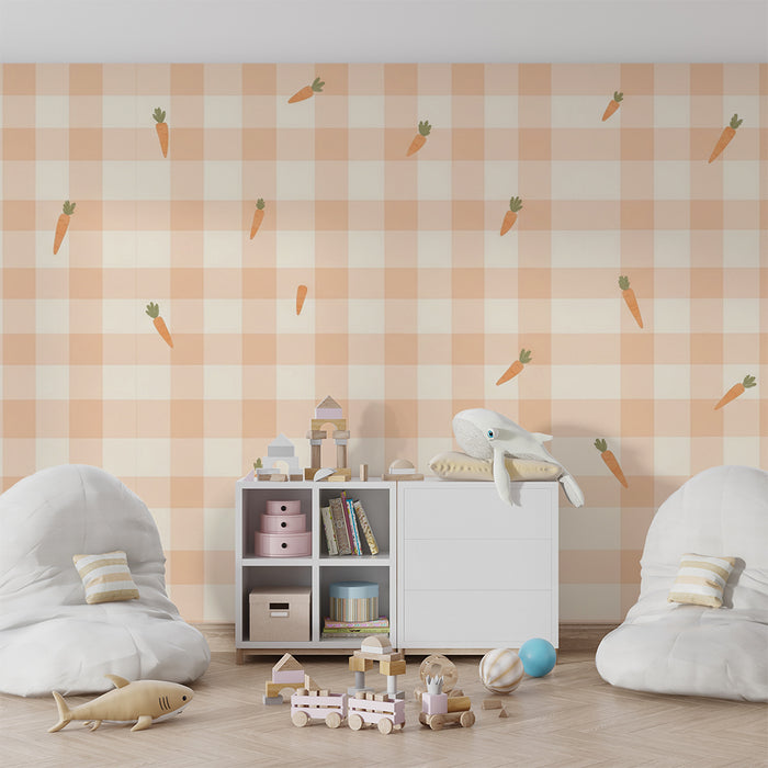 Papier peint chambre bébé | Carottes sur fond vichy doux et pastel
