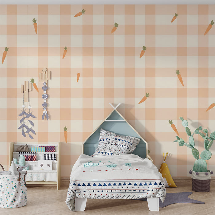 Papier peint chambre bébé | Carottes sur fond vichy doux et pastel