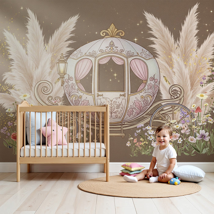 Carta da parati bambini | Carrozza fatata con fiori e pampas