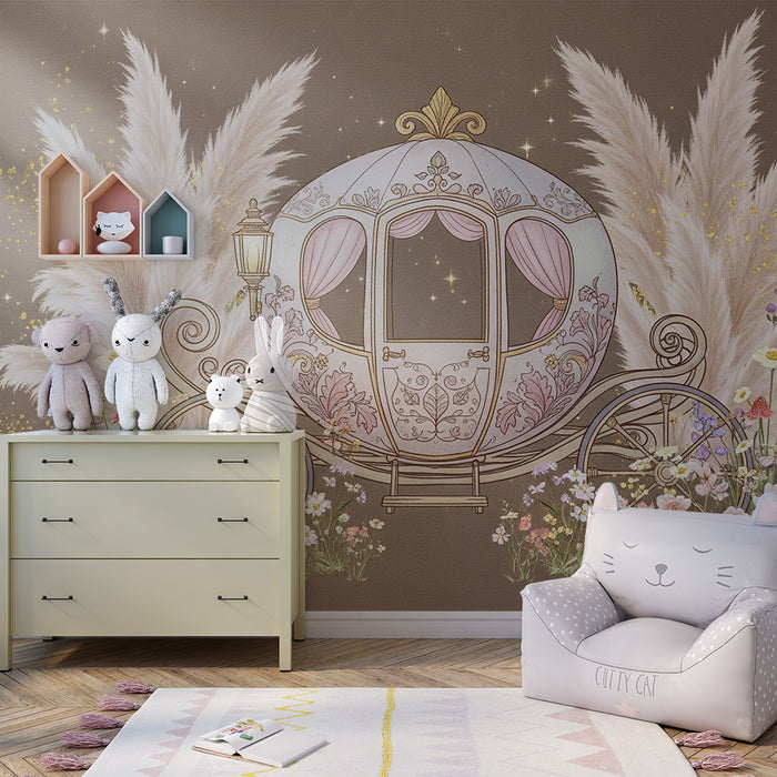 Carta da parati bambini | Carrozza fatata con fiori e pampas