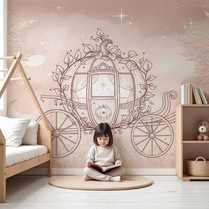 Lastenhuoneen tapetti | Satumainen vaunukuvio herkillä kukkakuvioilla