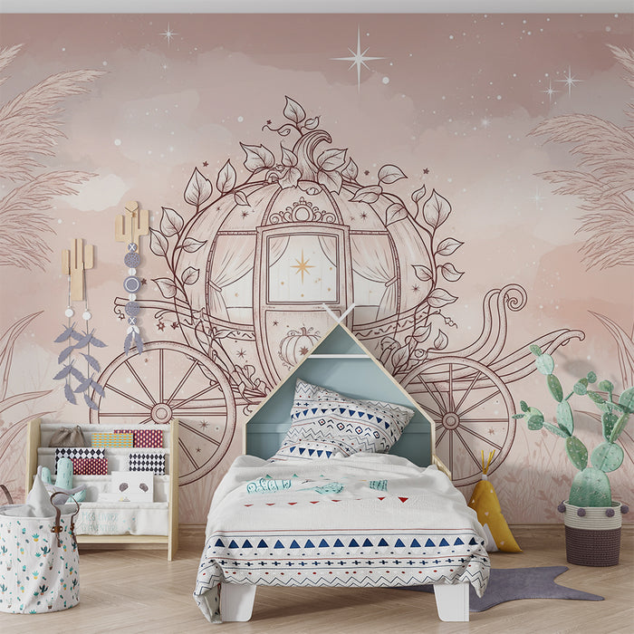 Lastenhuoneen tapetti | Satumainen vaunukuvio herkillä kukkakuvioilla