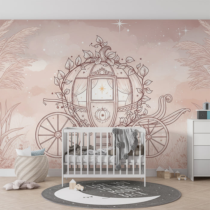 Lastenhuoneen tapetti | Satumainen vaunukuvio herkillä kukkakuvioilla