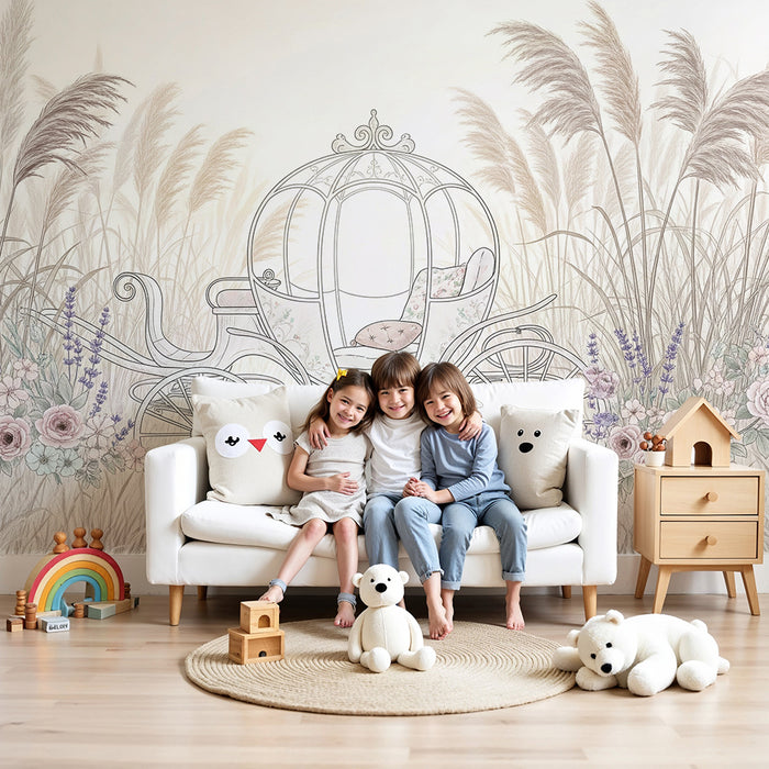 Tapete za dječju sobu | Vilenjačka kočija okružena cvijećem i pampasom