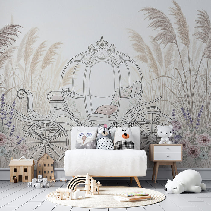 Tapete za dječju sobu | Vilenjačka kočija okružena cvijećem i pampasom