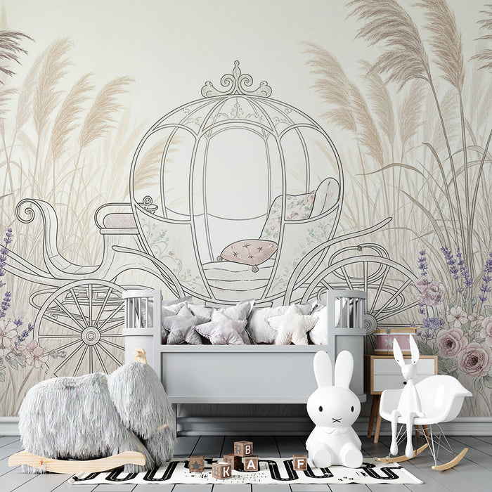 Tapete za dječju sobu | Vilenjačka kočija okružena cvijećem i pampasom