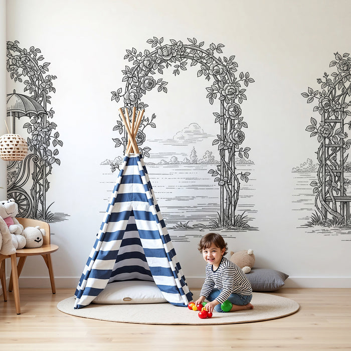 Papier peint chambre bébé | Carrosse féerique sous un ciel étoilé avec arches florales