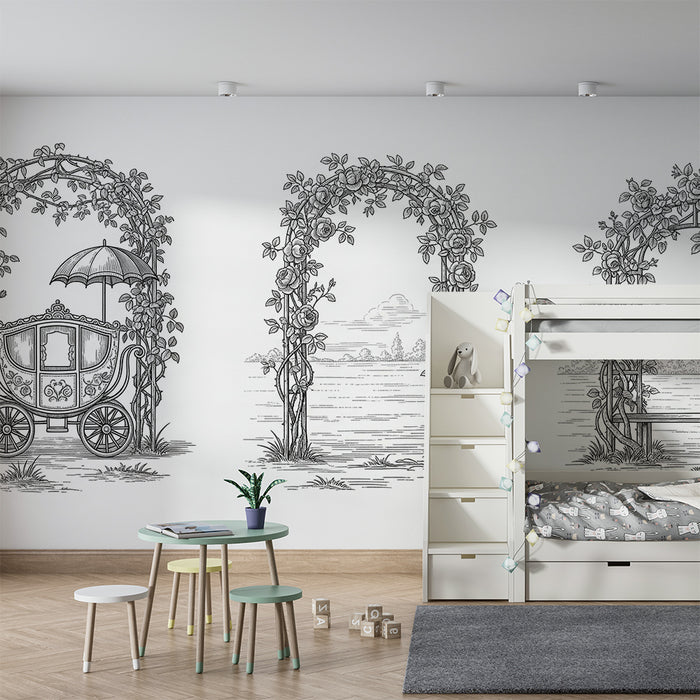Papier peint chambre bébé | Carrosse féerique sous un ciel étoilé avec arches florales