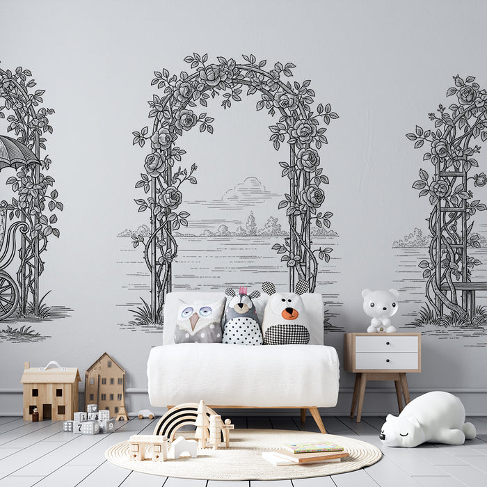 Papier peint chambre bébé | Carrosse féerique sous un ciel étoilé avec arches florales