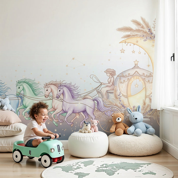 Paberi tapeet beebi tuba | Võluv vanker ja värvilised hobused tähtede all