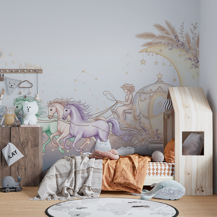 Paberi tapeet beebi tuba | Võluv vanker ja värvilised hobused tähtede all