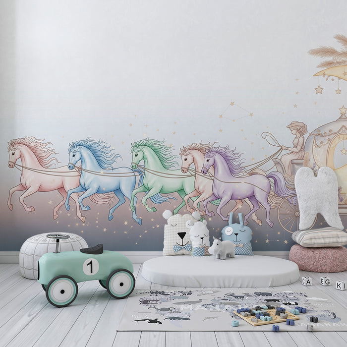 Paberi tapeet beebi tuba | Võluv vanker ja värvilised hobused tähtede all