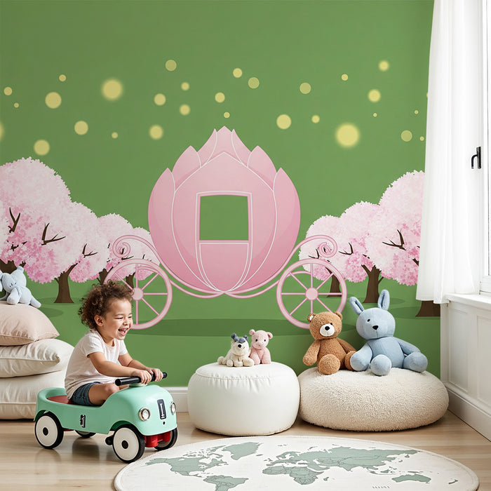 Nursery Wallpaper | Pink Carriage Amidst Blooming Cherry Trees