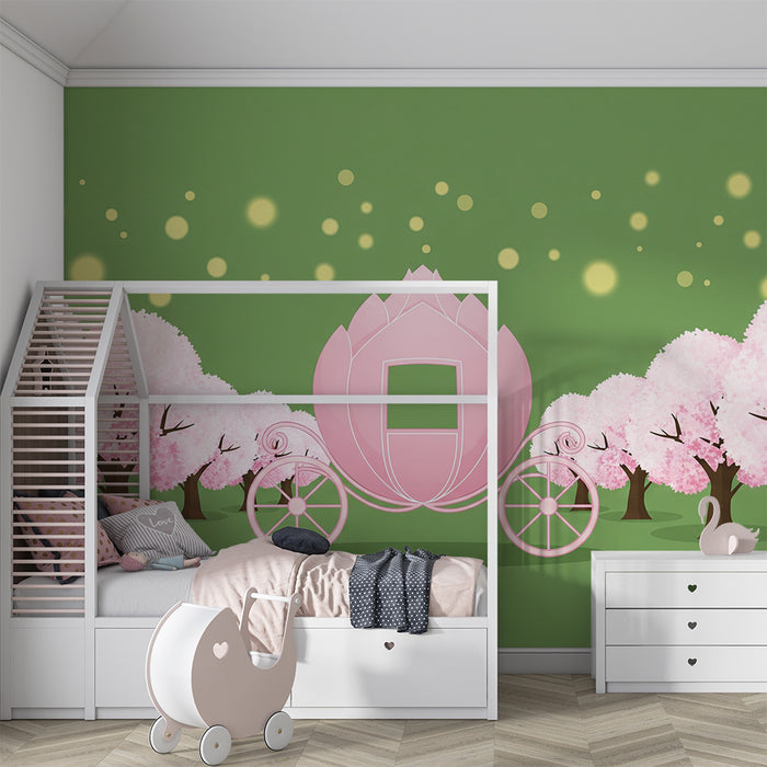 Nursery Wallpaper | Pink Carriage Amidst Blooming Cherry Trees