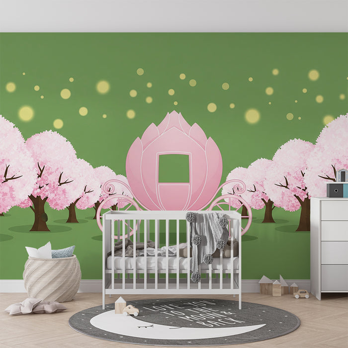 Nursery Wallpaper | Pink Carriage Amidst Blooming Cherry Trees