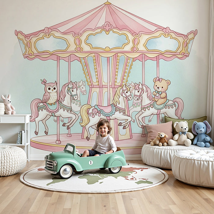 Børneværelse tapet | Fortryllende karrusel med heste og ugler