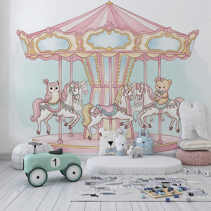 Børneværelse tapet | Fortryllende karrusel med heste og ugler