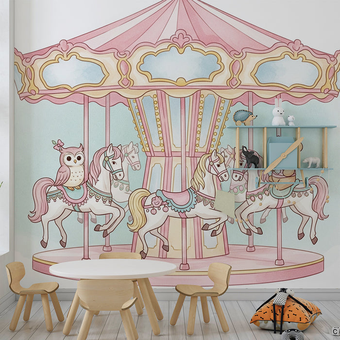 Børneværelse tapet | Fortryllende karrusel med heste og ugler