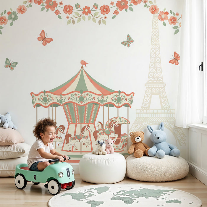 Papier peint chambre bébé | Carrousel enchanteur avec fleurs et papillons
